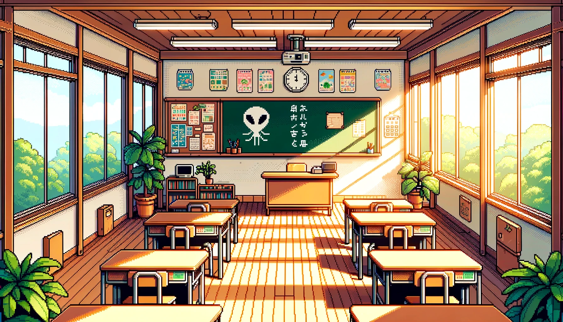 A japanese classroom with an alien drawn on the blackboard