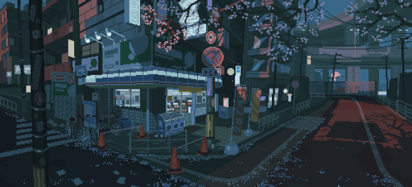 A street with a cherry blossom tree and a convenience store in Tokyo.